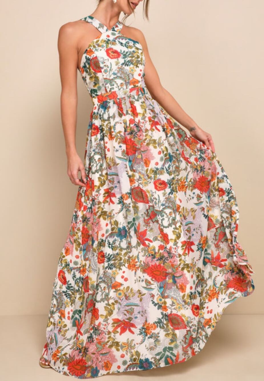 Lulus Lilja Print Halter Maxi Dress in Cream Floral